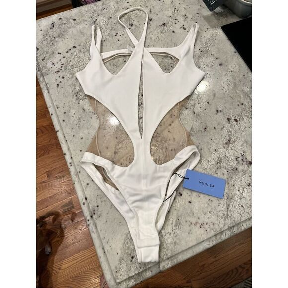 Mugler Sheer Cut Out Bodysuit White & Nude Sz 42Fr L-XL US NWT WAS $950 - Picture 5 of 8